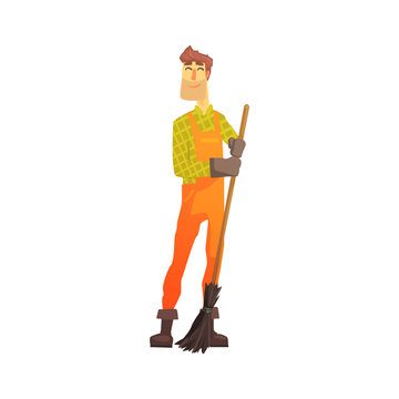 Cartoon street sweeper at work, street cleaner character vector Illustration