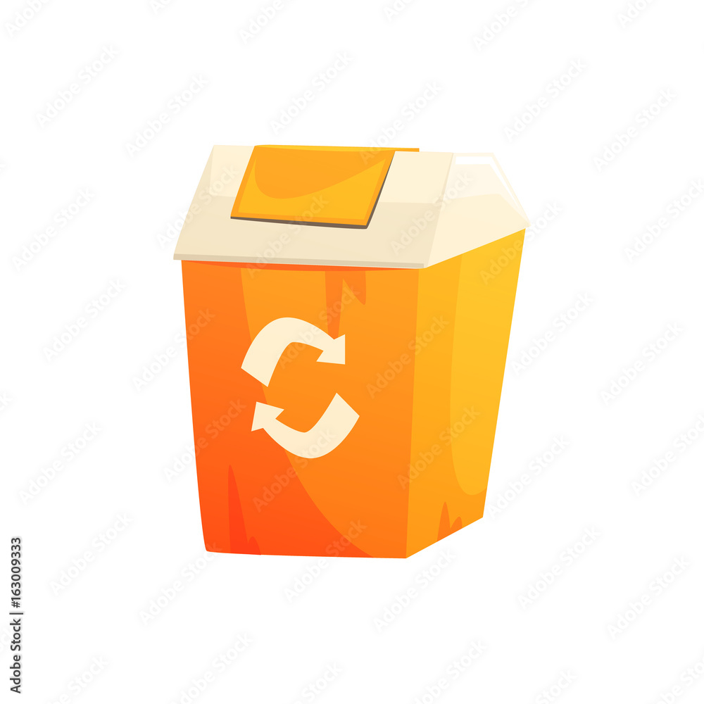 Sticker orange garbage can with recycling sign, waste processing and utilization cartoon vector illustration