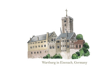 Wartburg in Eisenach, Germany, the place where Martin Luther translated the New Testament of the Bible into German. Watercolor illustration. 500th Protestant reformation - obrazy, fototapety, plakaty