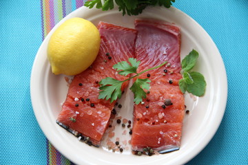 Fish, salmon, steak, pepper, onion, chili, plate, sliced, vegetables, decoration, dish, tasty, delicious, breakfast, lunch, red, green, white, beautiful, grilled, fried, cucumber, mint, basil, Knife, 