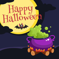 Happy Halloween greeting card, poster, banner design with boiling caldron, bat, moon and dark night, cartoon vector illustration. Halloween greeting card, banner, poster with caldron and bat at night