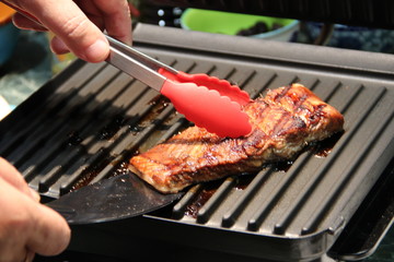 Fish, salmon, steak, pepper, onion, chili, plate, sliced, vegetables, decoration, dish, tasty, delicious, breakfast, lunch, red, green, white, beautiful, grilled, fried, cucumber, mint, basil, Knife, 