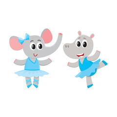 Cute little hippo and giraffe puppy and kitten characters dancing ballet together, cartoon vector illustration isolated on white background. Little giraffe and hippo ballet dancers, ballerinas