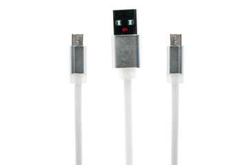White usb micro cable in the form of a man, hands up, portrays fear, on a white isolated background. Horizontal frame
