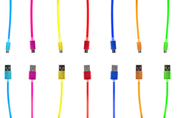 Seven multi-colored usb cables, with connectors under the micro, the different ends of the cable pointing towards each other, on a white isolated background. The family unites. future technologies