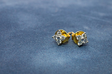 Jewelry Golden Earrings with Diamond on Blue Velvet, Clipping Path