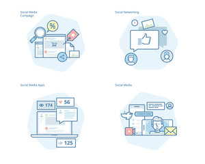 Set of concept line icons for social media, networking, marketing, campaign and apps. UI/UX kit for web design, applications, mobile interface, infographics and print design. 
