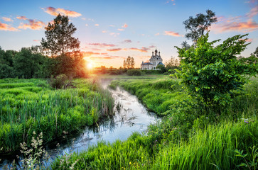 Fototapeta premium Изгиб речки и закат Bend of the river and sunset