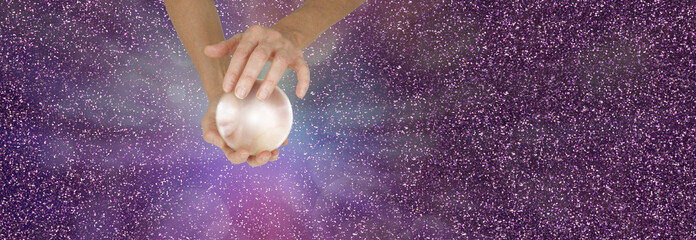 Fortune Teller holding crystal ball on sparkling banner - Female fortune teller holding a large ...