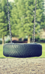 Beautiful summer season specific photograph. Old car tire used as a swing for children. - 163011510