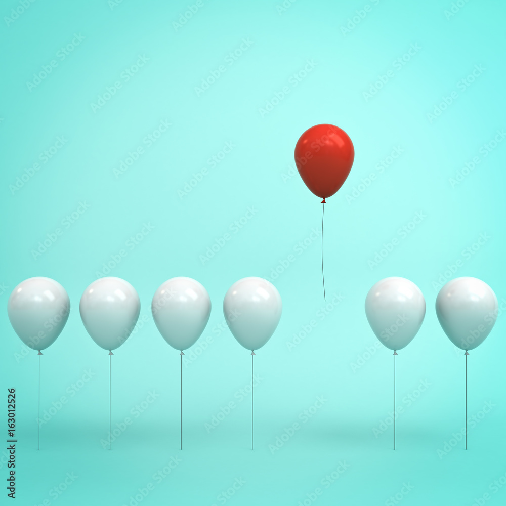 Fototapete Stand out from the crowd and different concept , One red balloon flying in the air away from other white balloons on light green pastel color background with reflections and shadows . 3D rendering.