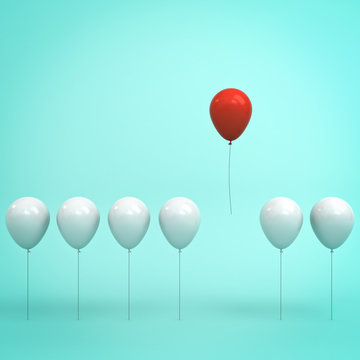 Stand out from the crowd and different concept , One red balloon flying in the air away from other white balloons on light green pastel color background with reflections and shadows . 3D rendering.