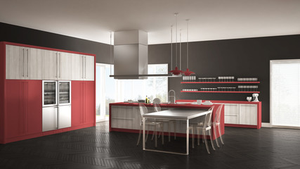 Minimalistic modern kitchen with table, chairs and parquet floor, gray and red interior design
