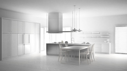 Total white project of minimalistic modern kitchen with table, chairs and parquet floor, minimalist interior design