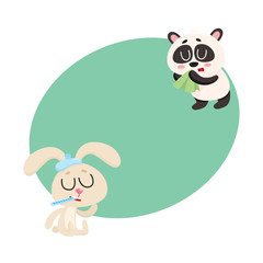 Sick baby rabbit and panda bear having cold, flu, runny nose, cartoon vector illustration with space for text.