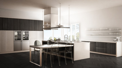 Minimalistic modern kitchen with table, chairs and parquet floor, white and gray interior design