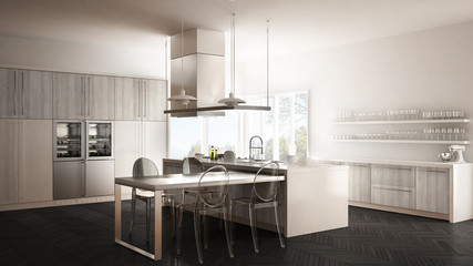 Minimalistic modern kitchen with table, chairs and parquet floor, white and gray interior design