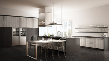 Minimalistic modern kitchen with table, chairs and parquet floor, white and gray interior design