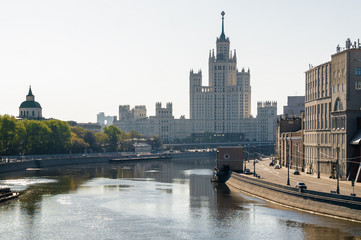 Morning view of old fashioned skyscrapper in Moscow, Russia.