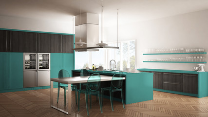 Minimalistic modern kitchen with table, chairs and parquet floor, gray and turquoise interior design