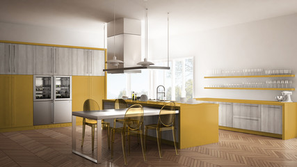 Minimalistic modern kitchen with table, chairs and parquet floor, white and yellow interior design