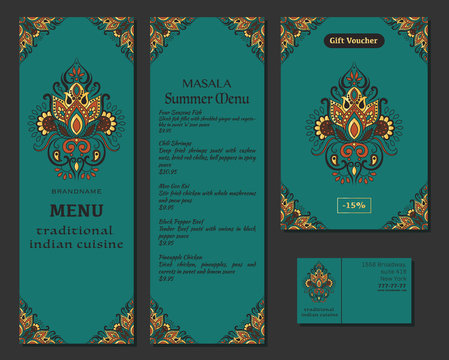 Indian Food. Restaurant Menu Template. Food Flyer. Business Card. Vector.