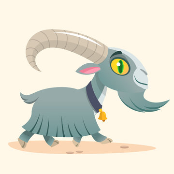 Cute cartoon goat running. Farm animals. Vector illustration of a grey goat with bell on a neck