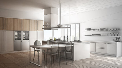Unfinished project of minimalistic modern kitchen with table, chairs and parquet floor, sketch abstract interior design