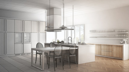 Unfinished project of minimalistic modern kitchen with table, chairs and parquet floor, sketch abstract interior design