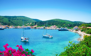 Panorama over Kefalonia seaport and beach in Lefkada island, Greece