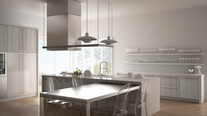 Fototapeta na wymiar Minimalistic modern kitchen with table, chairs and parquet floor, white interior design