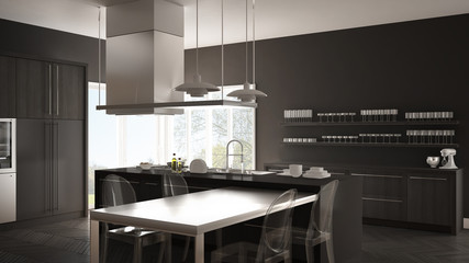 Minimalistic modern kitchen with table, chairs and parquet floor, white and gray interior design