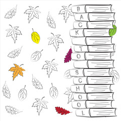 Lettering on the spines of books in a stack. Back to school. Sketch by hand on a background of falling leaves. Vector illustration.background of falling leaves.