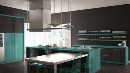 Minimalistic modern kitchen with table, chairs and parquet floor, gray and turquoise interior design