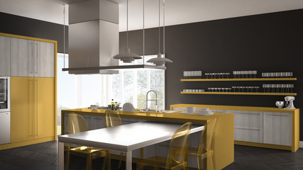 Minimalistic modern kitchen with table, chairs and parquet floor, gray and yellow interior design