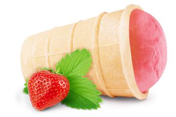 Strawberry ice cream scoop with waffle cone isolated on white background - obrazy, fototapety, plakaty