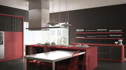 Minimalistic modern kitchen with table, chairs and parquet floor, gray and red interior design