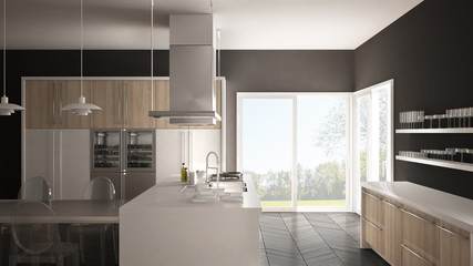 Minimalistic modern kitchen with table, chairs and parquet floor, white and gray interior design