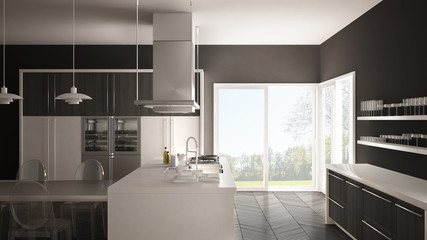 Minimalistic modern kitchen with table, chairs and parquet floor, white and gray interior design