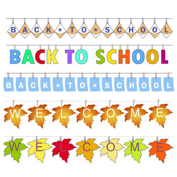 Garland of flags, letters, leaves. Welcome. Back to school. Vector illustration.