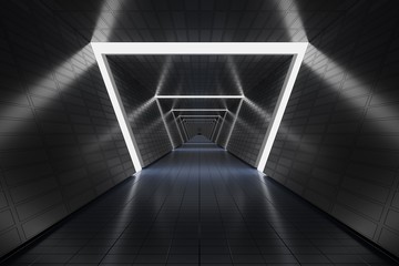 Futuristic long dark corridor in spaceship. 3D rendered illustration.