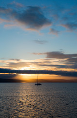 Naklejka na ściany i meble Sailboat with fallen sails in sunrise light on full sea