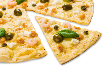 Italian seafood pizza isolated on white background