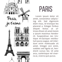 Set of Paris symbols. vertical stripe with description text.