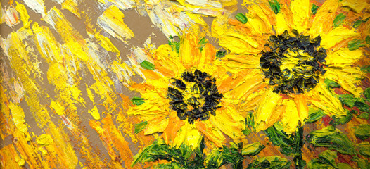 Abstract painting. Bright sunflowers on the field