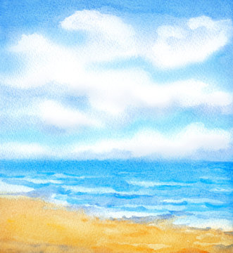 Watercolor background. White clouds in the blue sky over ocean surf