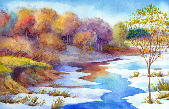 Stream in forest valley winter day. Watercolour landscape