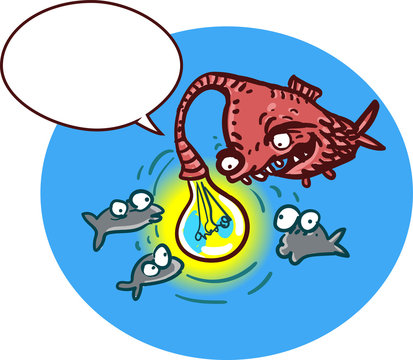 a sneaky deepwater fish, with light bulb. ugly and sneaky fish, says something to other fishes. cartoon style freehand illustration, separate editable layers, with empty speech bubble.