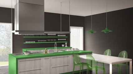 Minimalistic modern kitchen with table, chairs and parquet floor, gray and green interior design