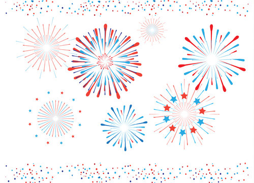 Vector Fireworks bright confetti border. Festive decoration banner red blue color. American Holiday, Memorial day, Labor Day. Festival decorative frame, elements white background.